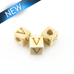 Alphabet "V" white wood bead 8mm square