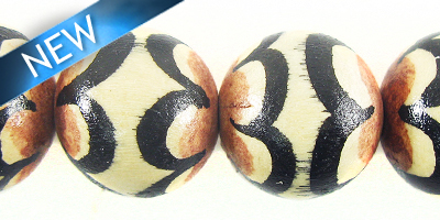Painted whitewood round bead 15mm brown scallop design